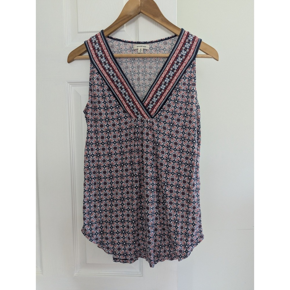 Max Studio Tank Top Navy Red Geometric Medallion V-Neck Sz M Boho Relaxed Fit